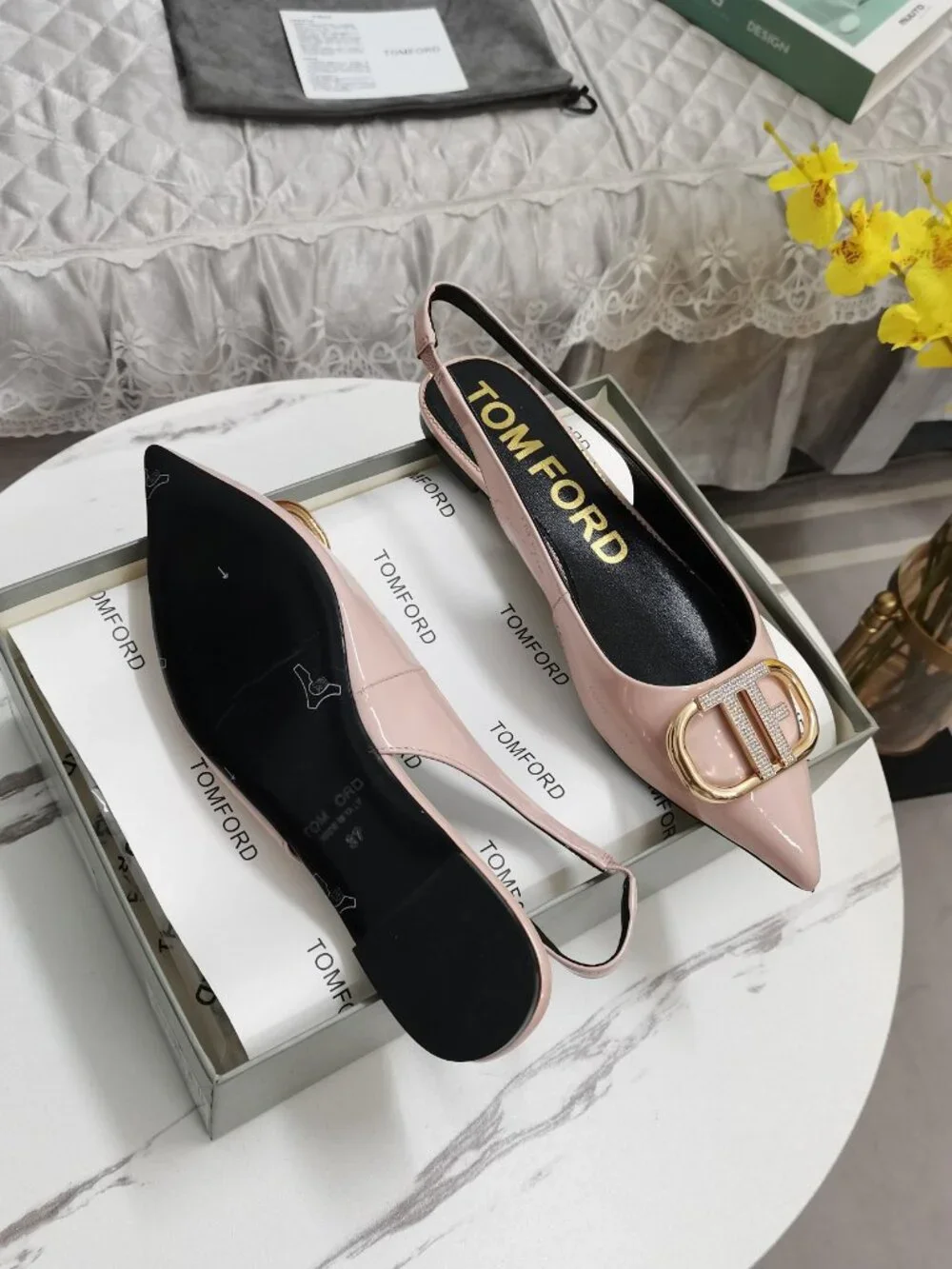 Tom Ford Nude Pink Rhinestone TF-Logo Pointed-Toe Flats